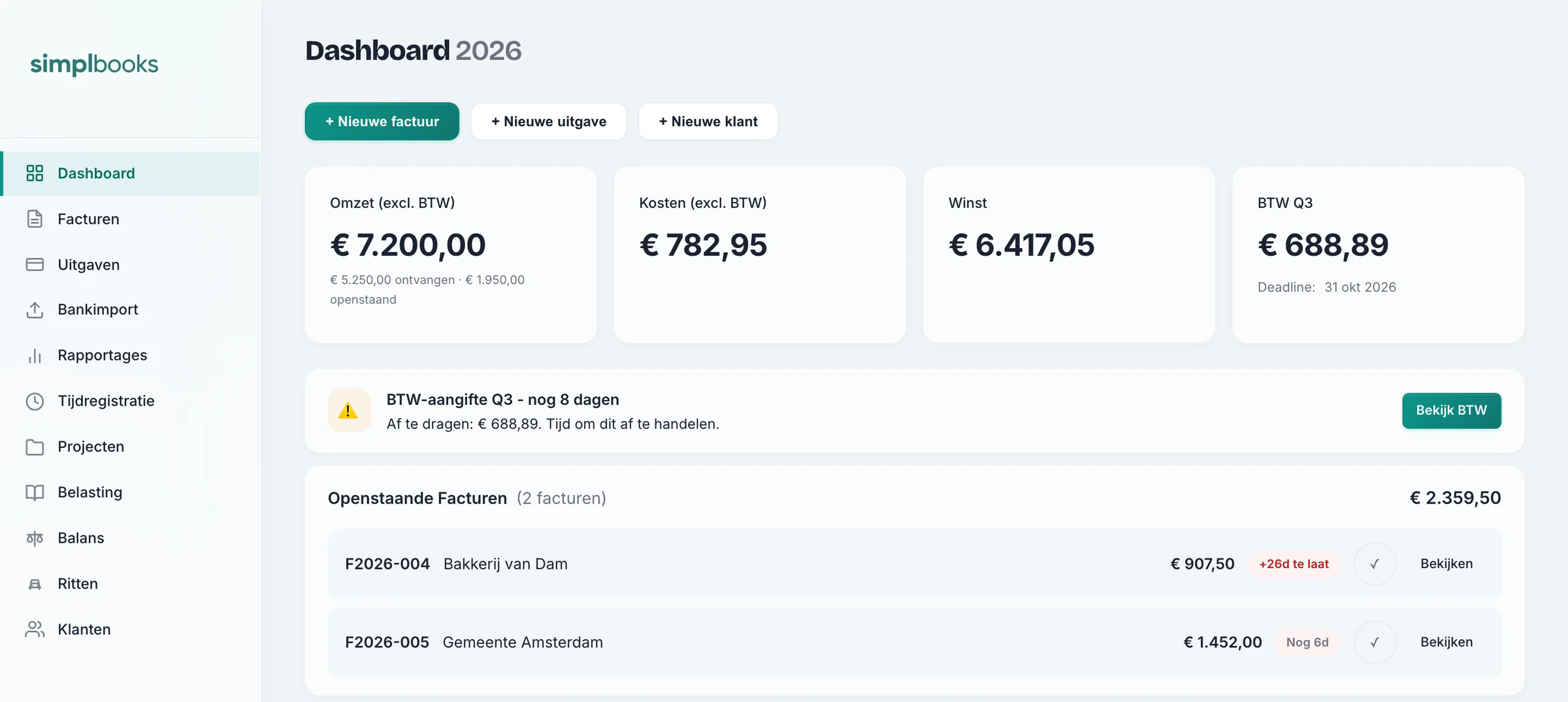 Het dashboard van SimplBooks: omzet, kosten, winst, de BTW van dit kwartaal en de facturen die nog openstaan.